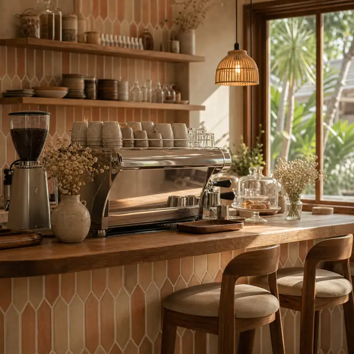 บาร์คาเฟ่โทนอุ่นพร้อมเครื่องเอสเพรสโซและเคาน์เตอร์ไม้