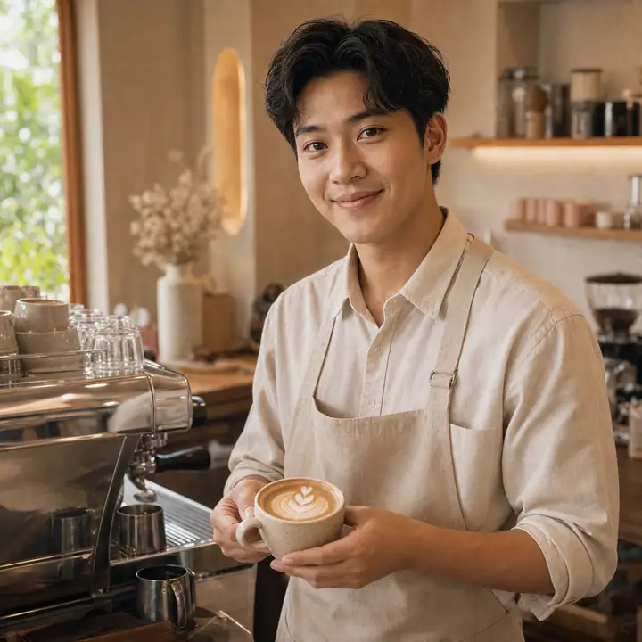 บาริสต้าชายไทยถือแก้วลาเต้หลังบาร์กาแฟ